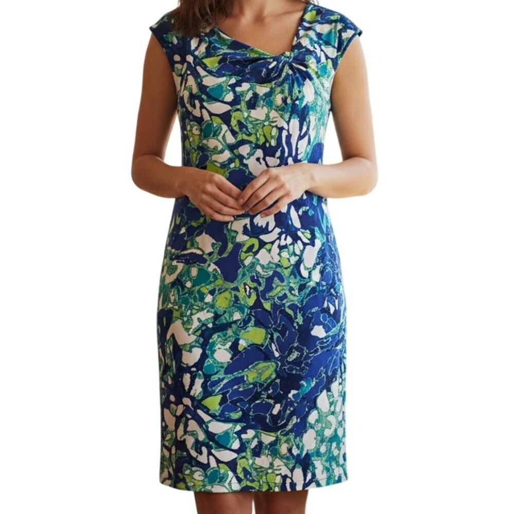 Dana Buchman Floral Midi Dress Womens Large Green Blue Career Asymmetrical
